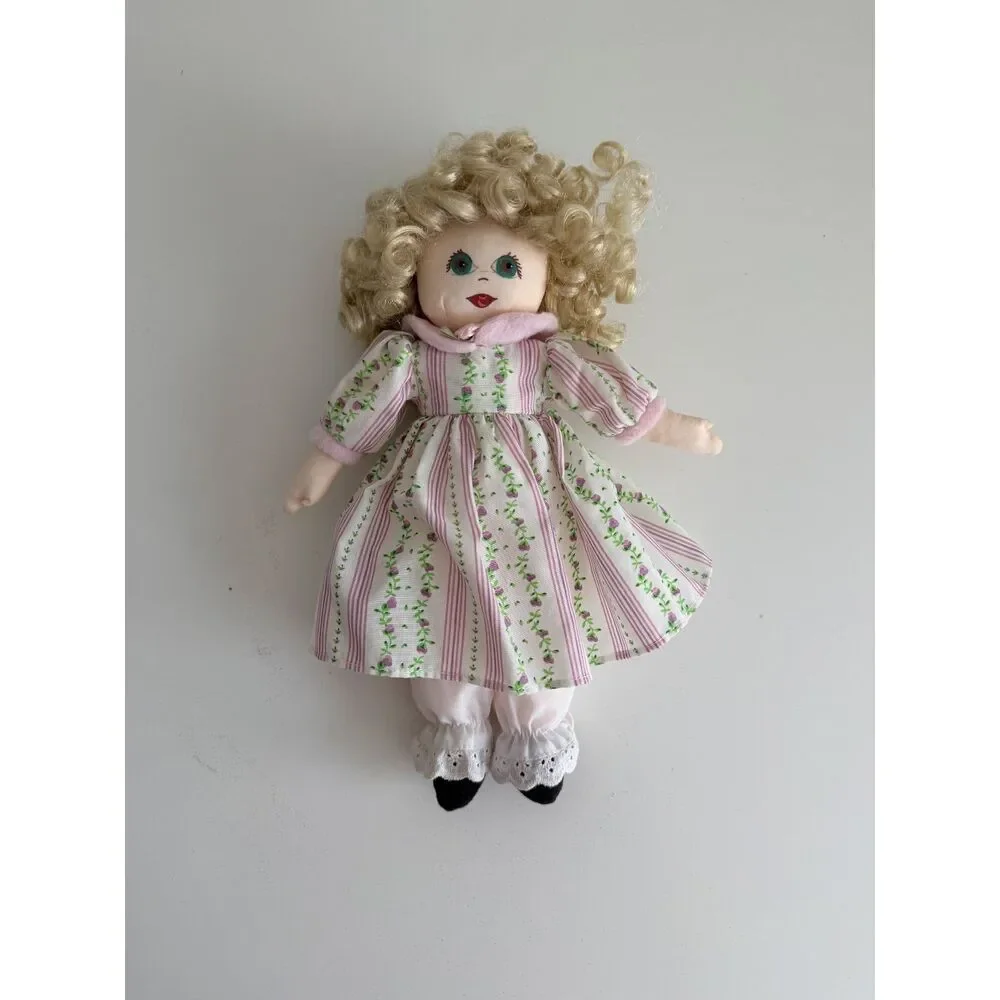 Vintage Style Cloth Rag Doll Blonde Curly Hair Floral Prairie Dress Bloomers 11